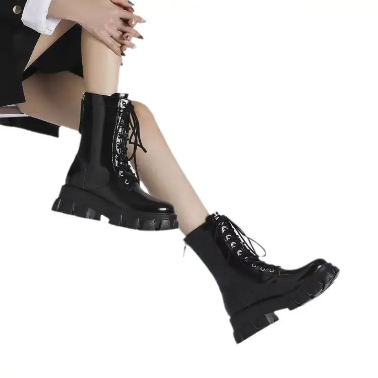 Women's Black Heavy Heel Lace-Up Boots 2024 - Image 7