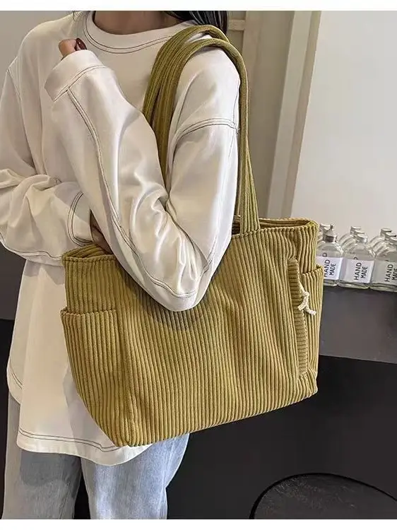 Women's Large Capacity Corduroy Shoulder Bag Beige - Image 8