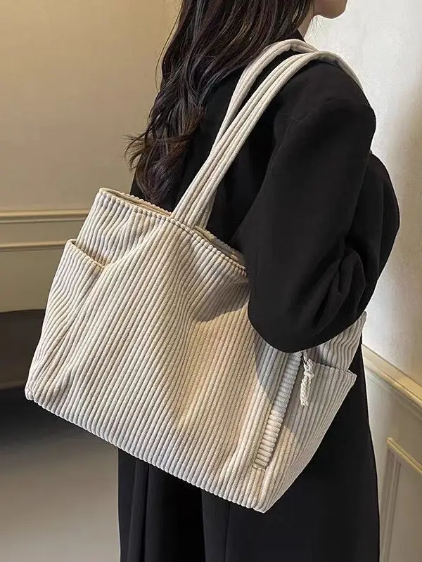 Women's Large Capacity Corduroy Shoulder Bag Beige - Image 9