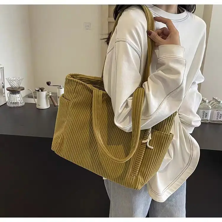 Women's Large Capacity Corduroy Shoulder Bag Beige — feature 11
