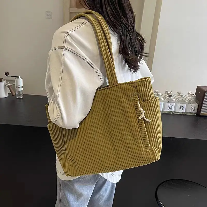 Women's Large Capacity Corduroy Shoulder Bag Beige — feature 12