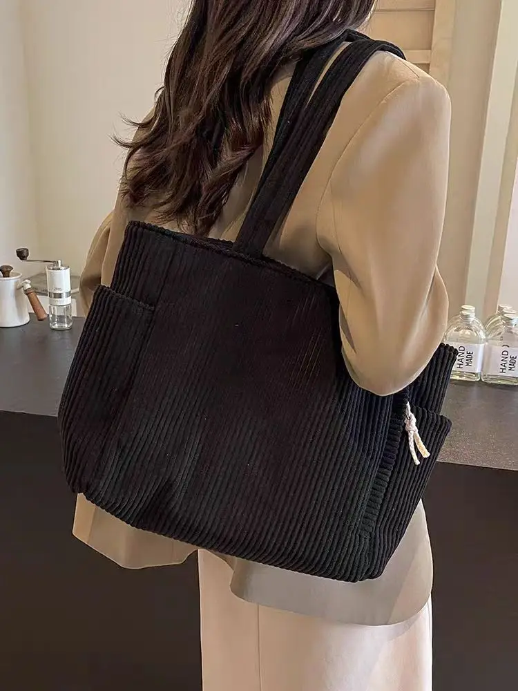 Women's Large Capacity Corduroy Shoulder Bag Beige — feature 17