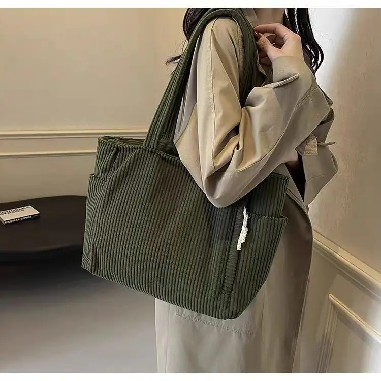 Women's Large Capacity Corduroy Shoulder Bag Beige — feature 20
