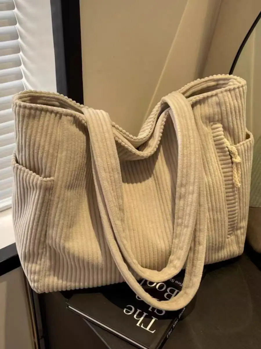 Women's Large Capacity Corduroy Shoulder Bag Beige — feature 21
