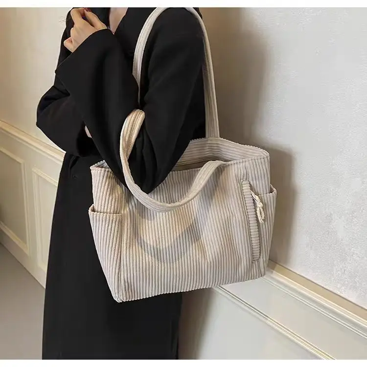 Women's Large Capacity Corduroy Shoulder Bag Beige — feature 29