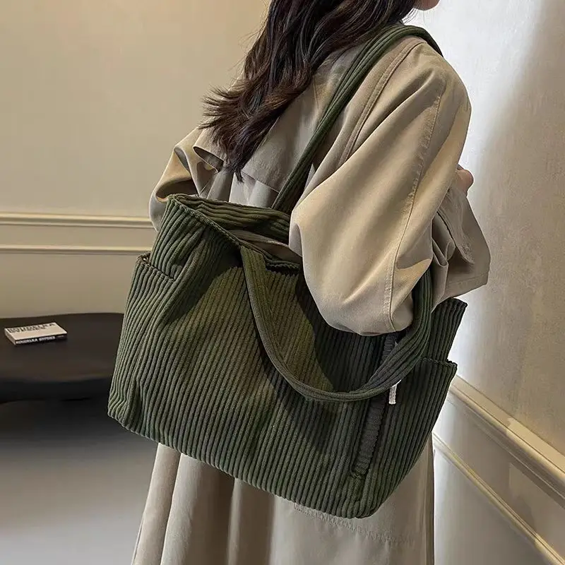 Women's Large Capacity Corduroy Shoulder Bag Beige — feature 34