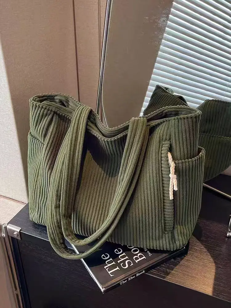 Women's Large Capacity Corduroy Shoulder Bag Beige — feature 35