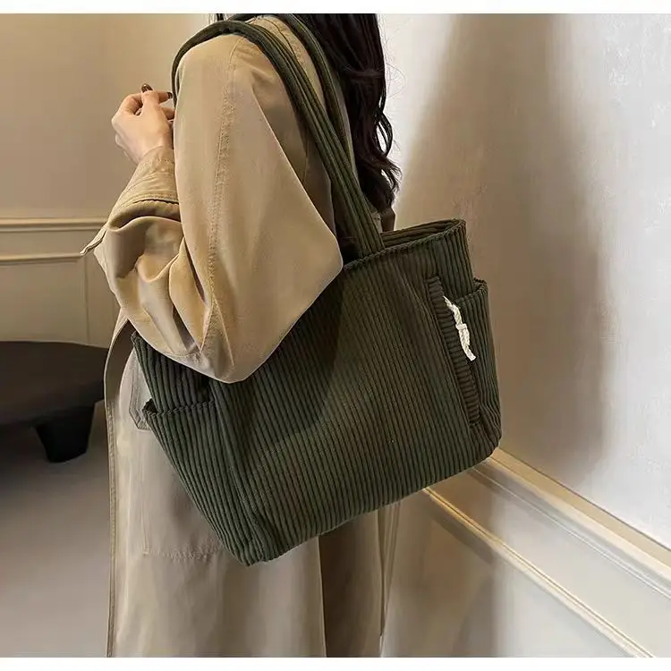 Women's Large Capacity Corduroy Shoulder Bag Beige — feature 38