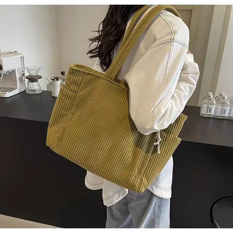 Women's Large Capacity Corduroy Shoulder Bag Beige - Image 2