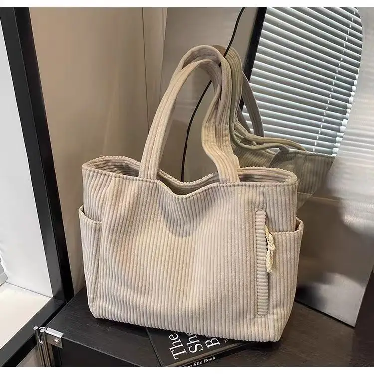 Women's Large Capacity Corduroy Shoulder Bag Beige - Image 3