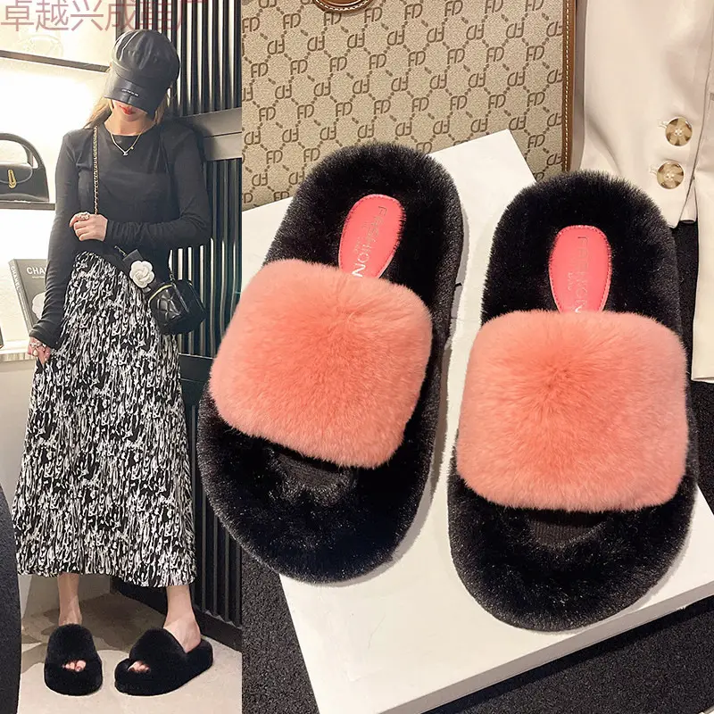 Wear Thick-Soled Real Fur Slippers for Women 2024 Summer and Autumn New Style Indoor Home Air-Conditioned Room Lazy One-Word Cotton Slippers