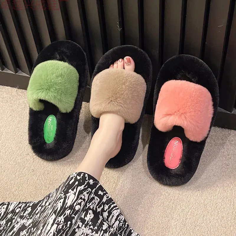 Wear Thick-Soled Real Fur Slippers for Women 2024 Summer and Autumn New Style Indoor Home Air-Conditioned Room Lazy One-Word Cotton Slippers