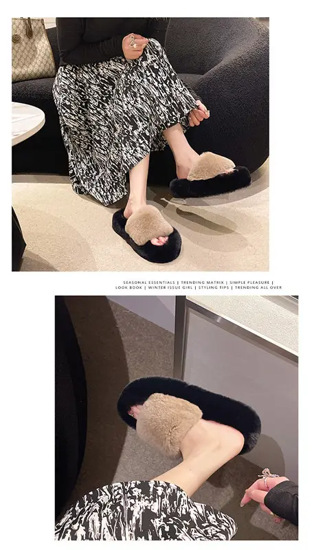 Wear Thick-Soled Real Fur Slippers for Women 2024 Summer and Autumn New Style Indoor Home Air-Conditioned Room Lazy One-Word Cotton Slippers — feature 5