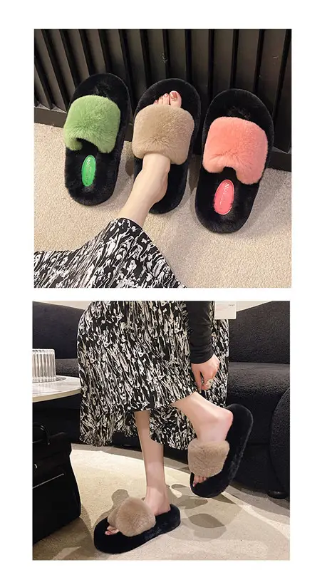 Wear Thick-Soled Real Fur Slippers for Women 2024 Summer and Autumn New Style Indoor Home Air-Conditioned Room Lazy One-Word Cotton Slippers — feature 6