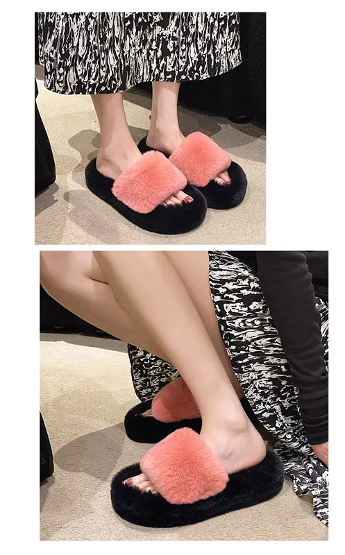 Wear Thick-Soled Real Fur Slippers for Women 2024 Summer and Autumn New Style Indoor Home Air-Conditioned Room Lazy One-Word Cotton Slippers — feature 8