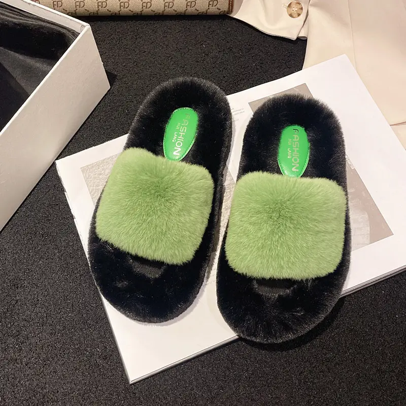 Wear Thick-Soled Real Fur Slippers for Women 2024 Summer and Autumn New Style Indoor Home Air-Conditioned Room Lazy One-Word Cotton Slippers