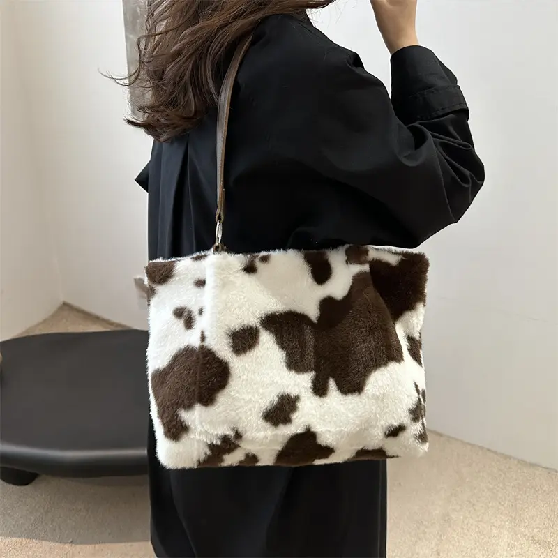 Autumn Winter Plush Cowprint Tote Bag for Women - Image 5
