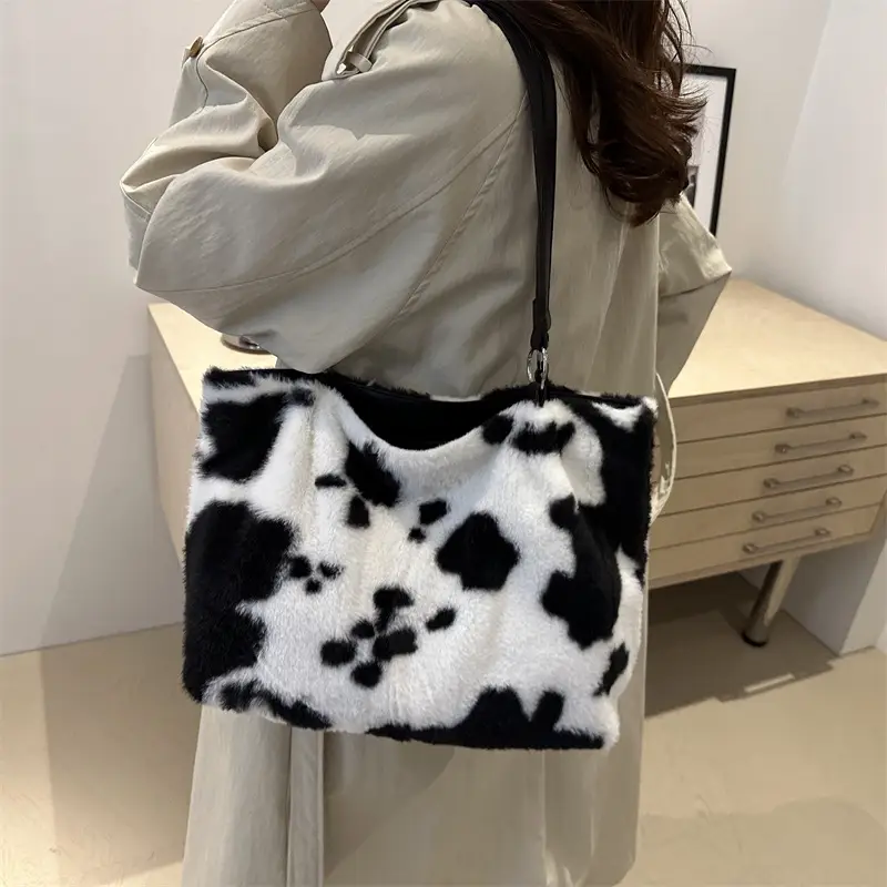 Autumn Winter Plush Cowprint Tote Bag for Women - Image 6
