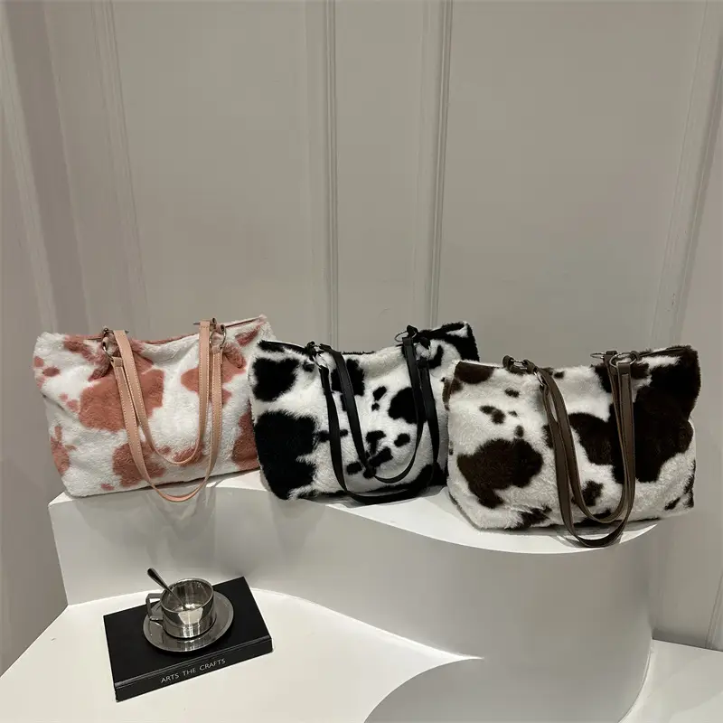 Autumn Winter Plush Cowprint Tote Bag for Women - Image 7