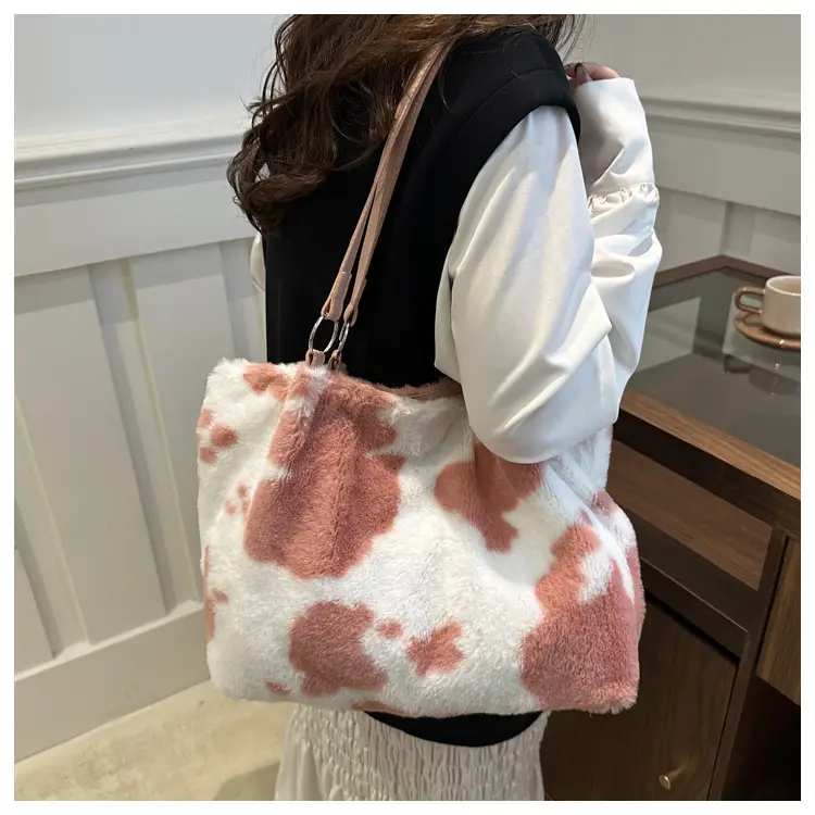 Autumn Winter Plush Cowprint Tote Bag for Women — feature 23