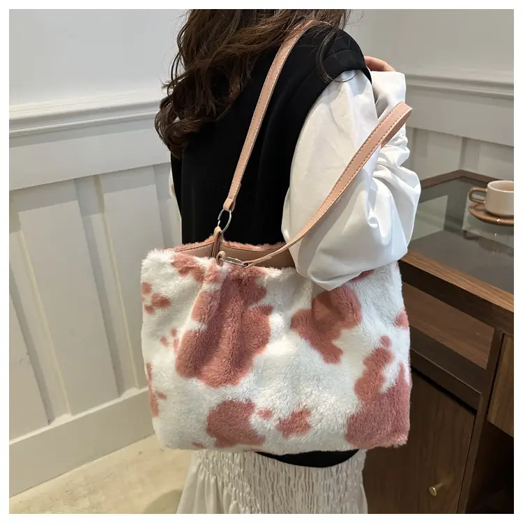 Autumn Winter Plush Cowprint Tote Bag for Women — feature 24