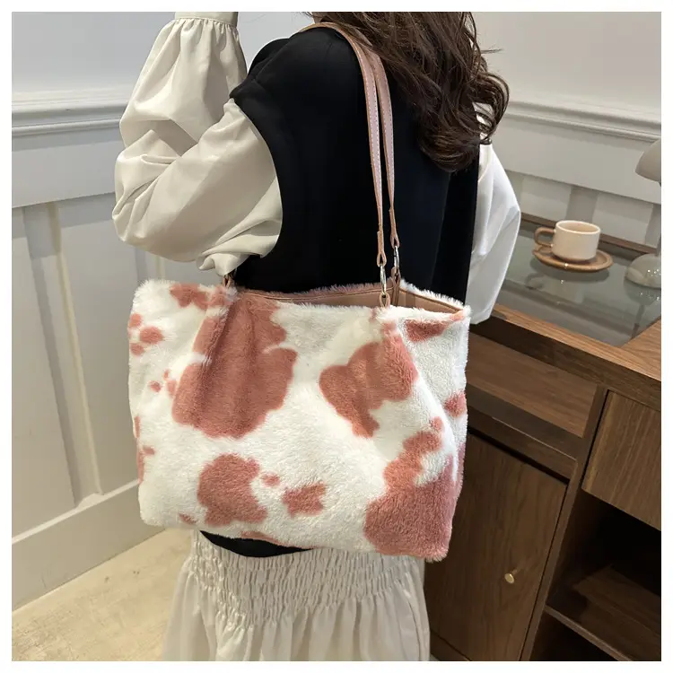 Autumn Winter Plush Cowprint Tote Bag for Women — feature 25