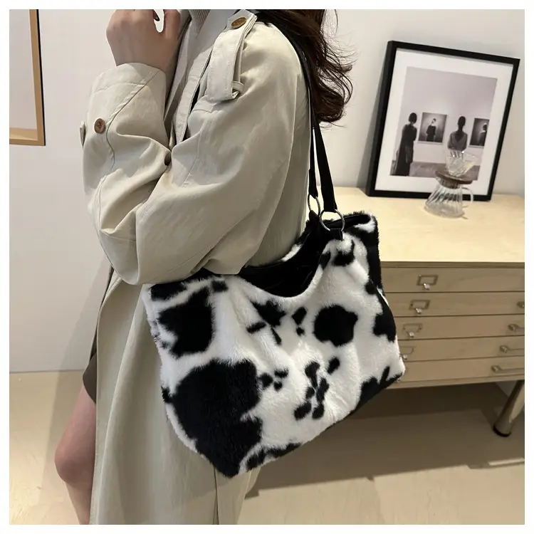 Autumn Winter Plush Cowprint Tote Bag for Women — feature 32