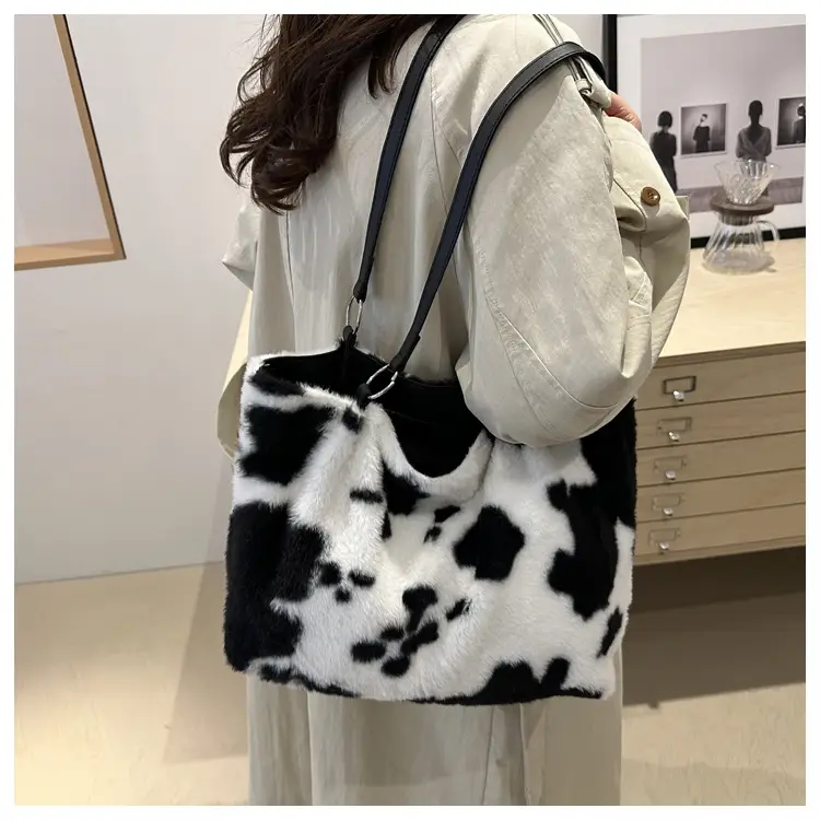 Autumn Winter Plush Cowprint Tote Bag for Women — feature 33