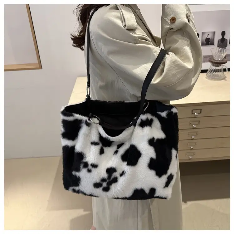 Autumn Winter Plush Cowprint Tote Bag for Women — feature 34