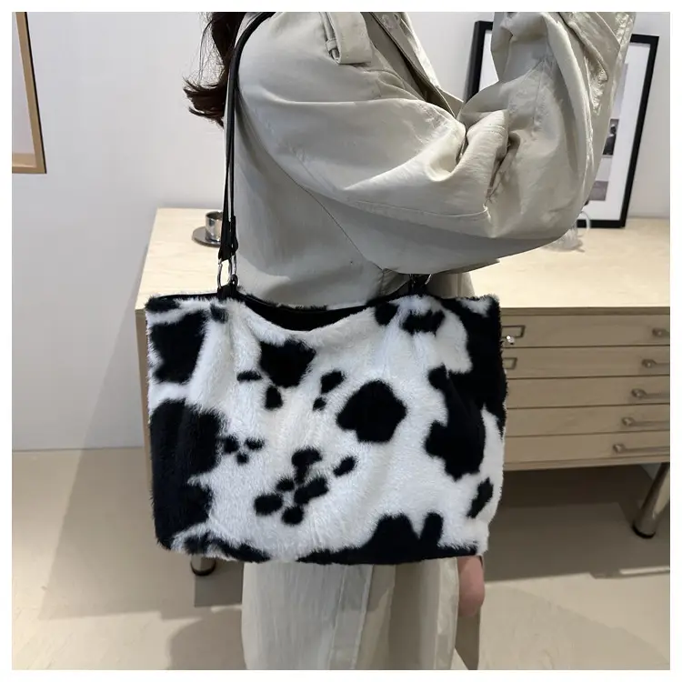 Autumn Winter Plush Cowprint Tote Bag for Women — feature 36