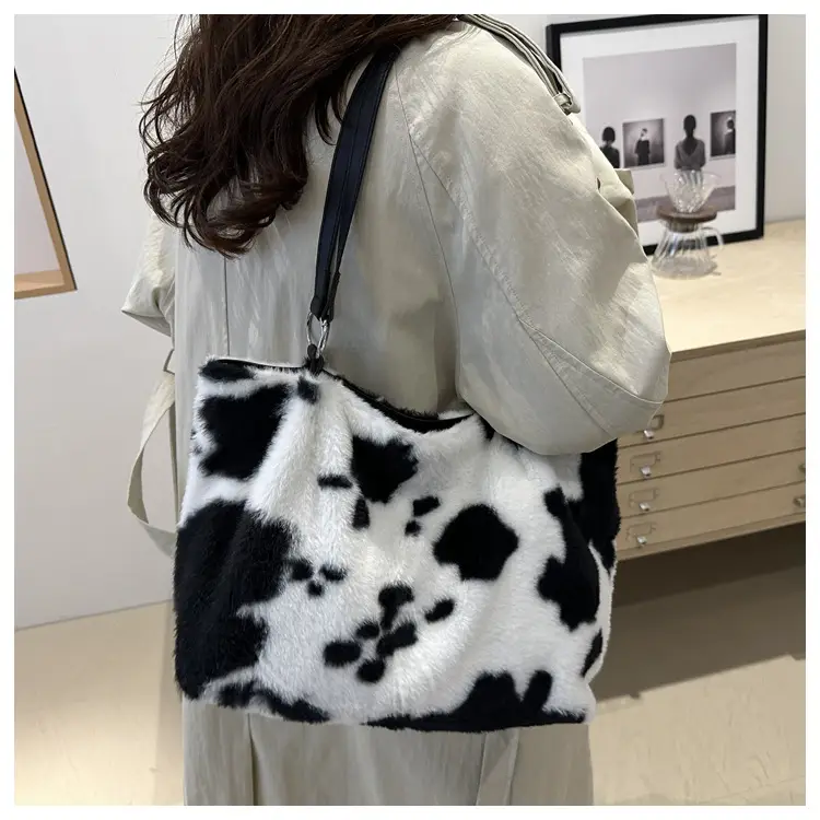 Autumn Winter Plush Cowprint Tote Bag for Women — feature 37