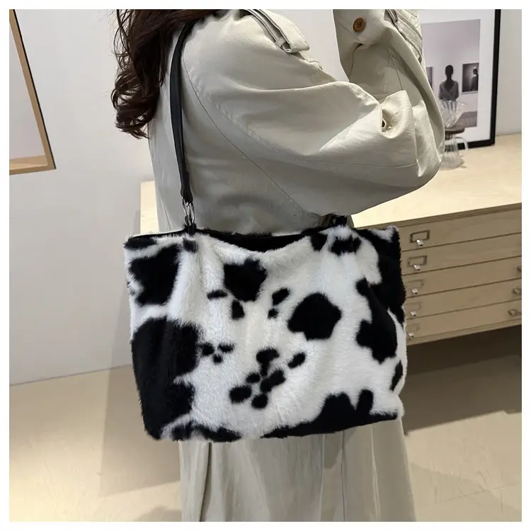 Autumn Winter Plush Cowprint Tote Bag for Women — feature 38