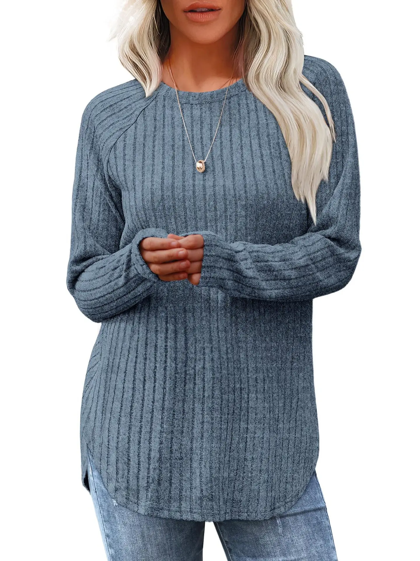 Women's Long Sleeve Ribbed Green Pullover Top - Image 10