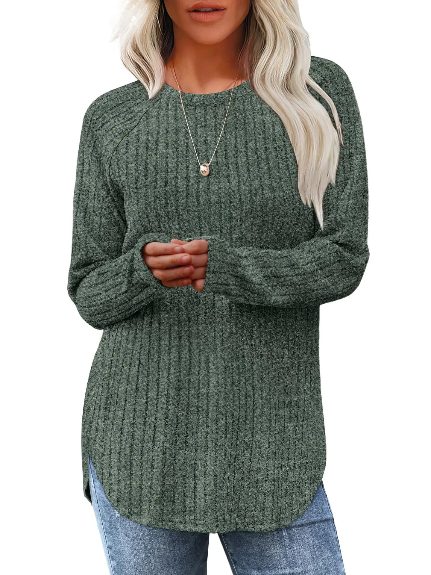 Women's Long Sleeve Ribbed Green Pullover Top - Image 11