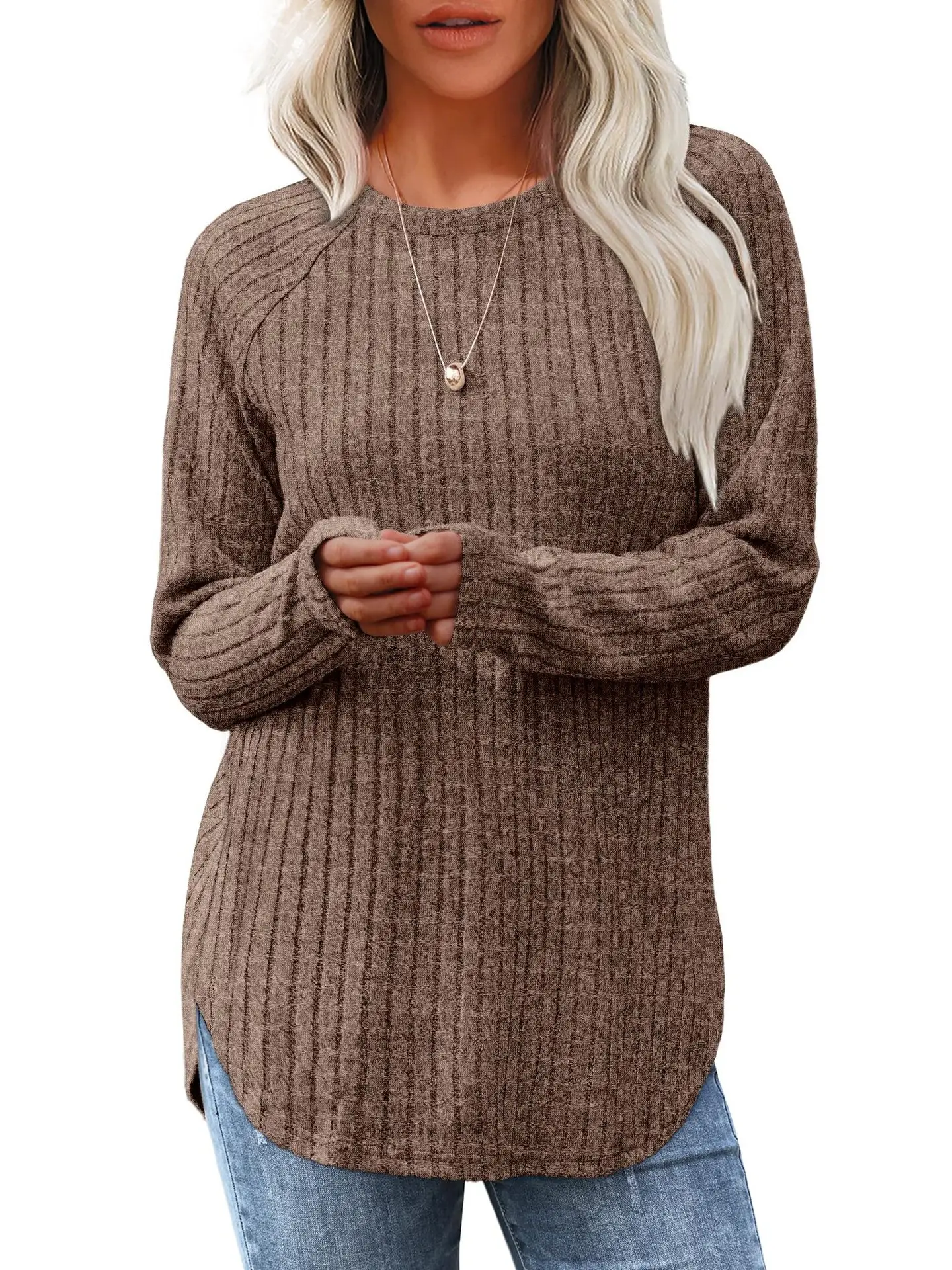 Women's Long Sleeve Ribbed Green Pullover Top - Image 12