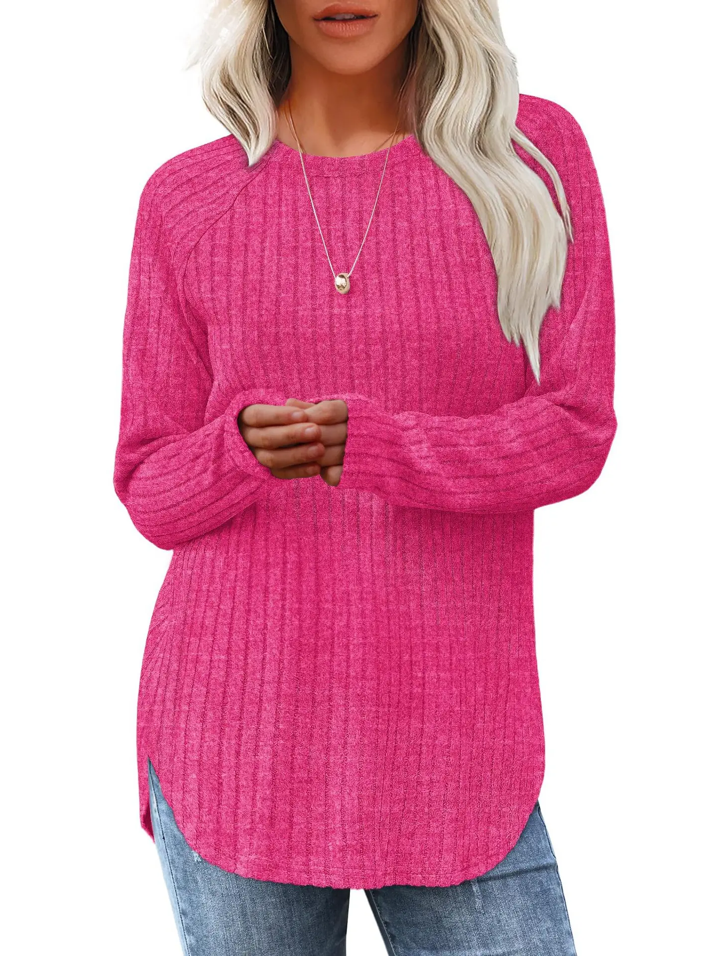 Women's Long Sleeve Ribbed Green Pullover Top - Image 13
