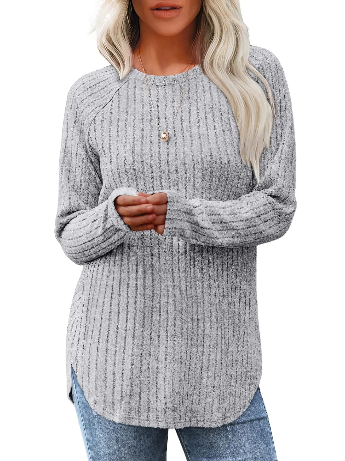 Women's Long Sleeve Ribbed Green Pullover Top - Image 14