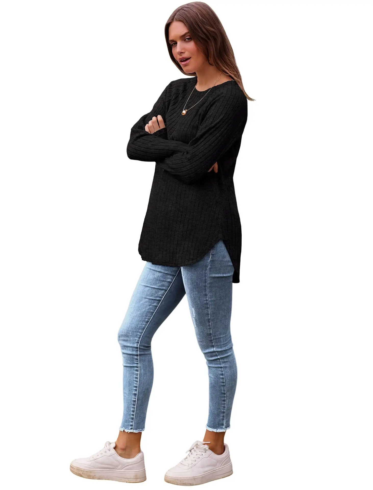Women's Long Sleeve Ribbed Green Pullover Top — feature 12
