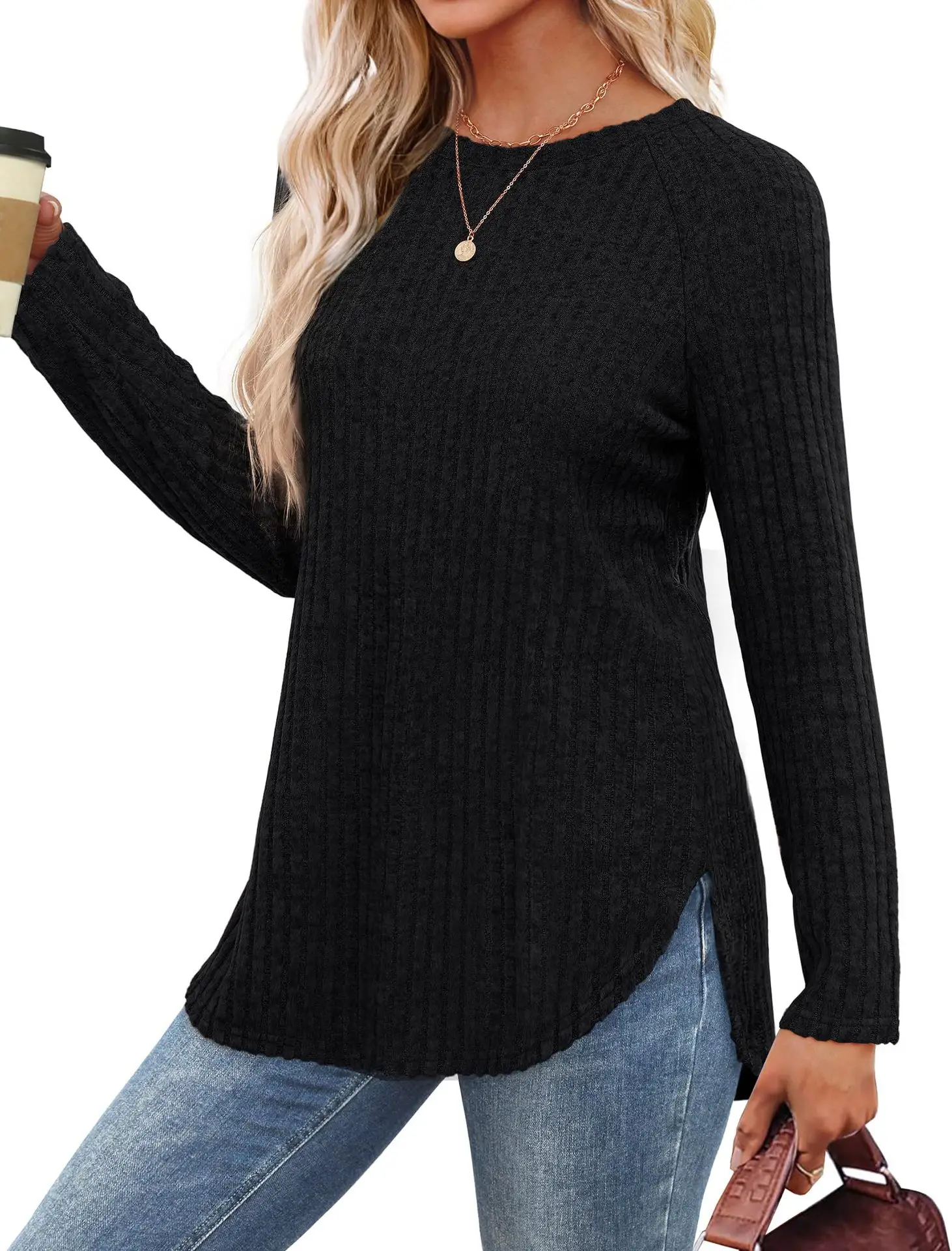Women's Long Sleeve Ribbed Green Pullover Top — feature 13