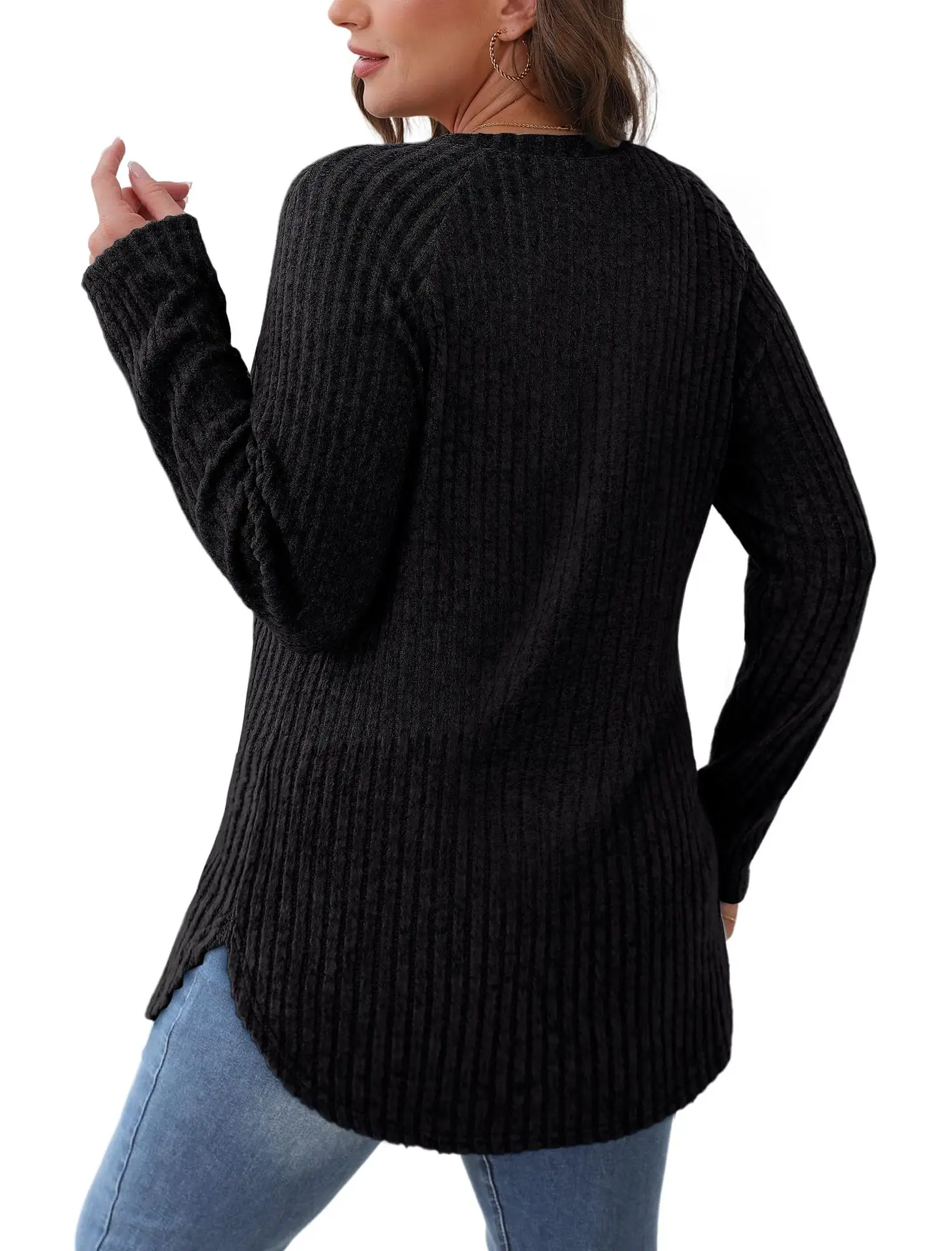 Women's Long Sleeve Ribbed Green Pullover Top — feature 15