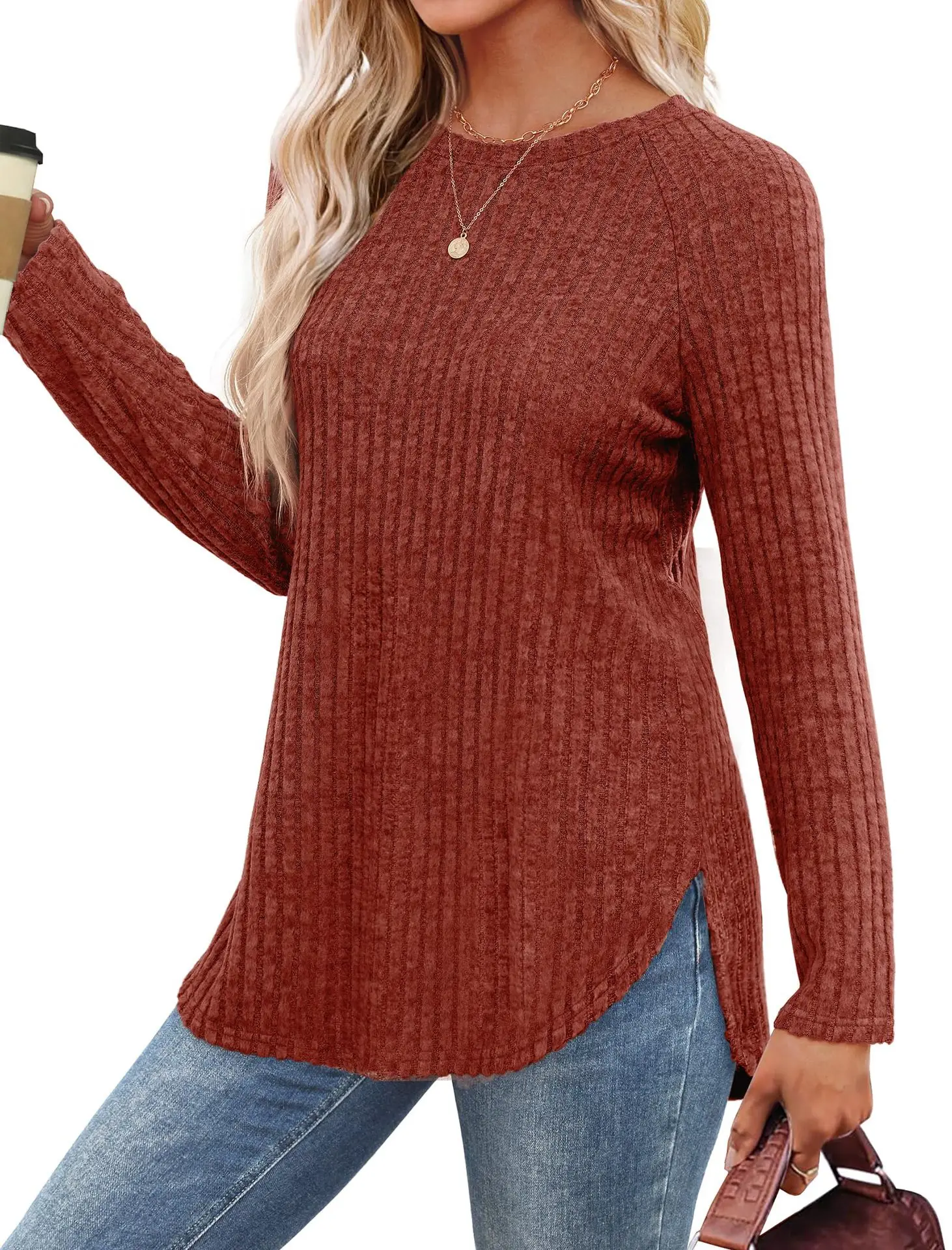Women's Long Sleeve Ribbed Green Pullover Top — feature 17
