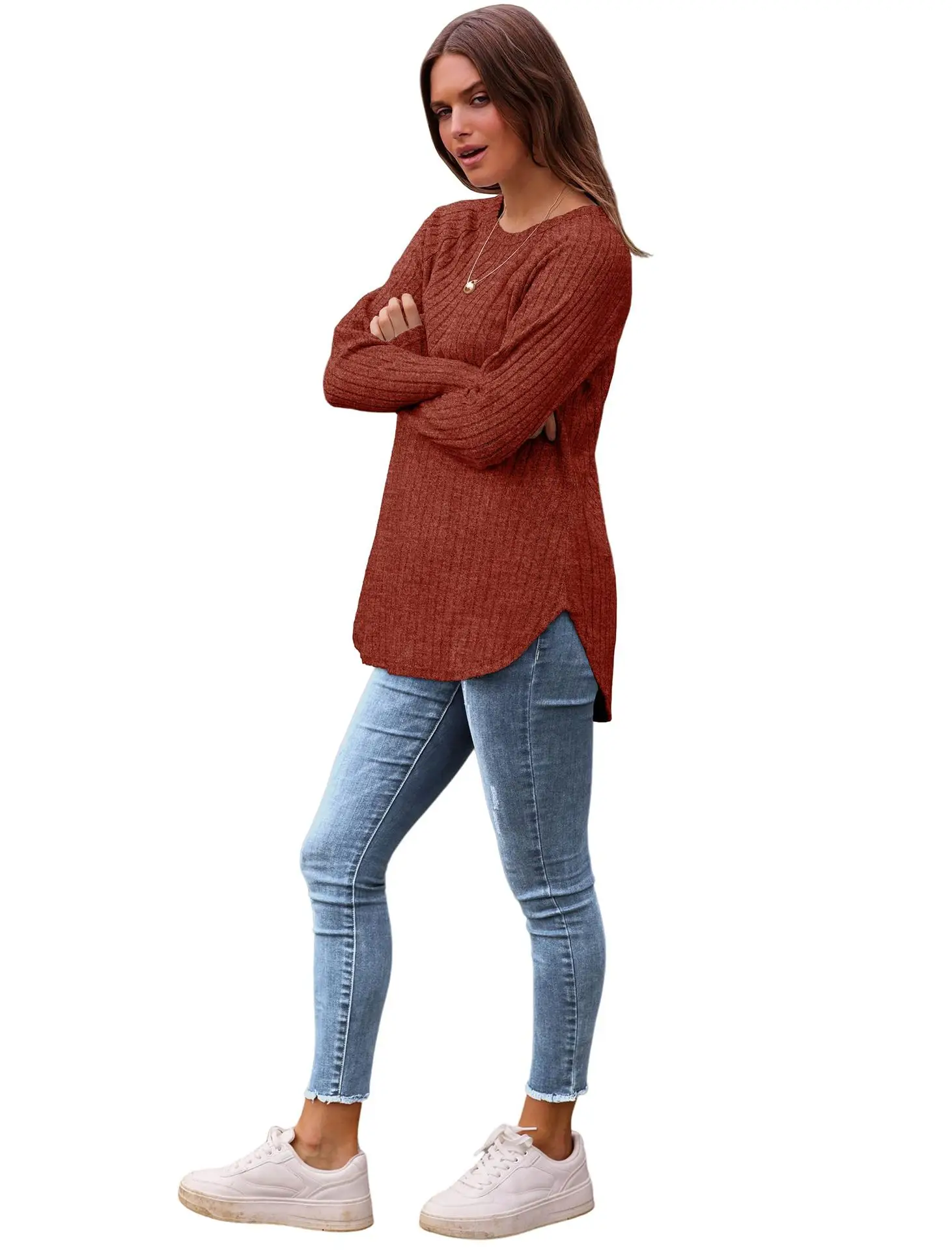 Women's Long Sleeve Ribbed Green Pullover Top — feature 18