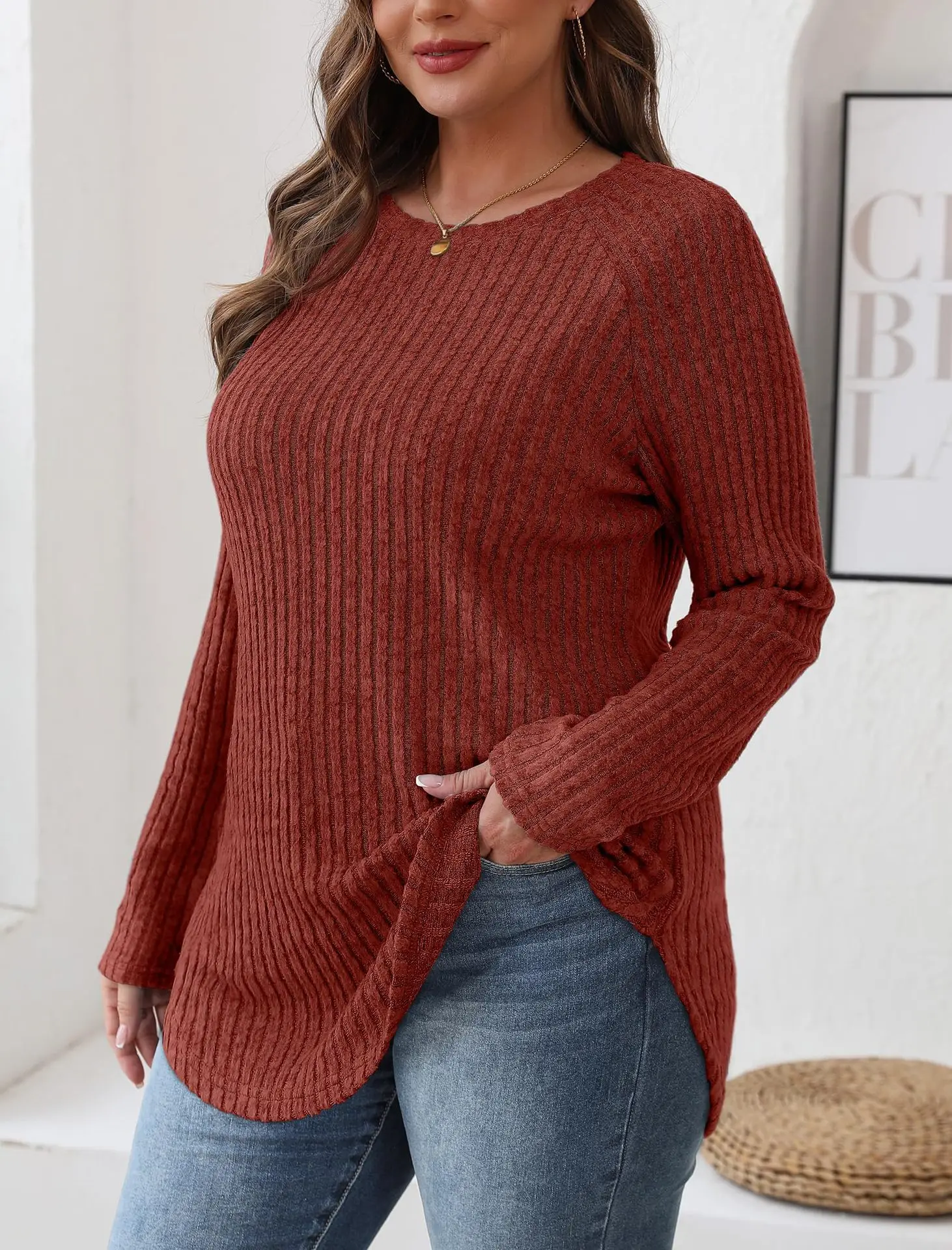 Women's Long Sleeve Ribbed Green Pullover Top — feature 19