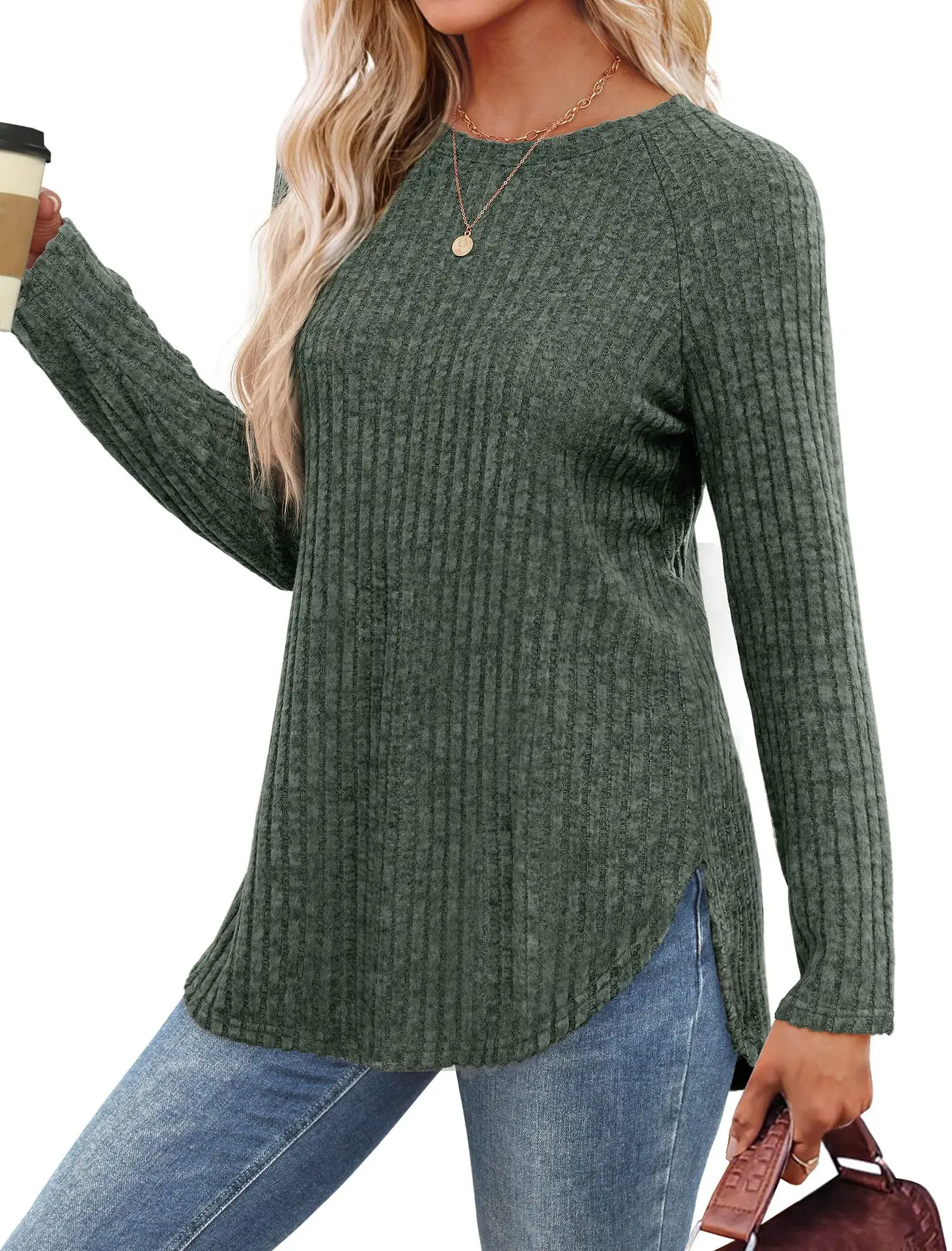 Women's Long Sleeve Ribbed Green Pullover Top — feature 2