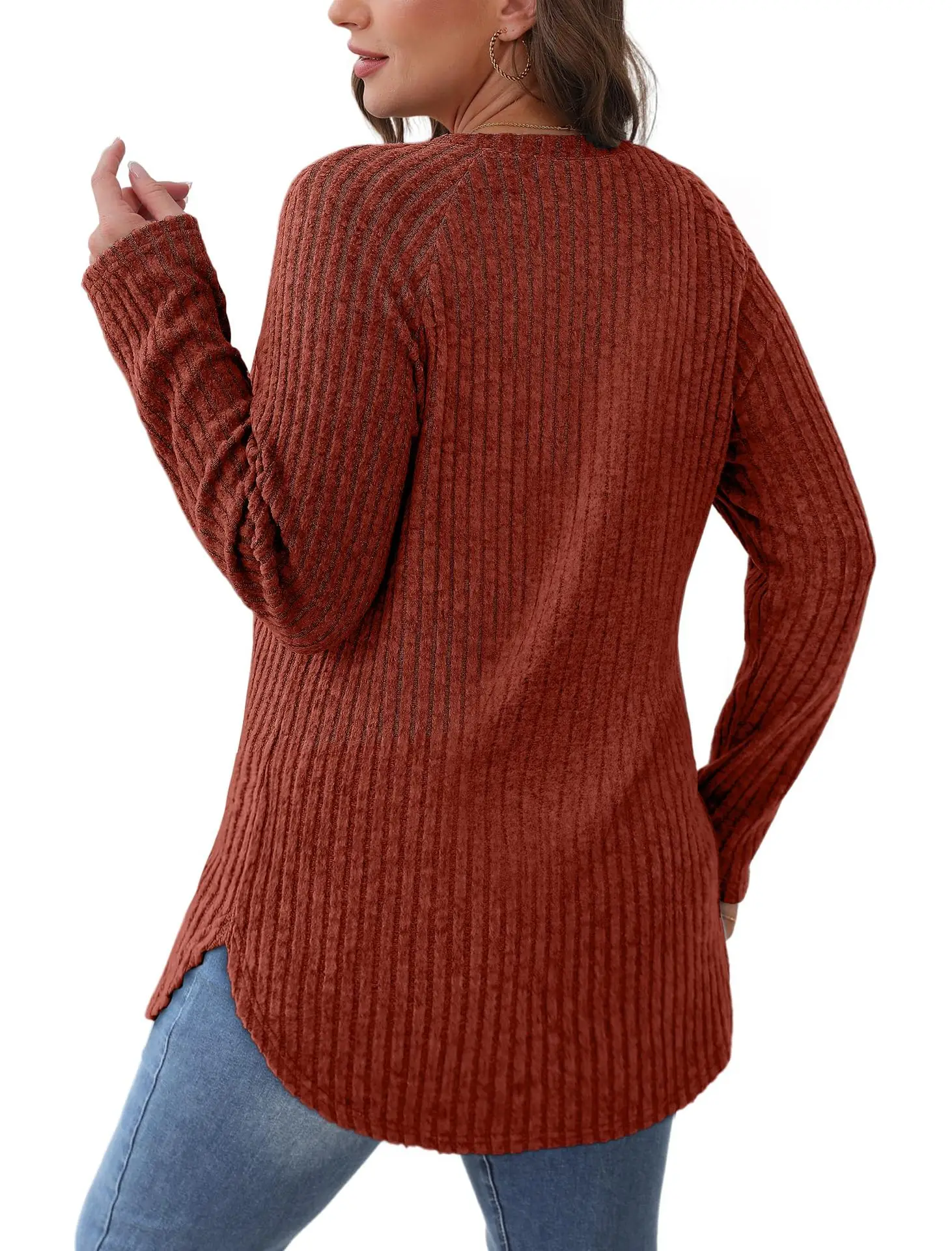 Women's Long Sleeve Ribbed Green Pullover Top — feature 20