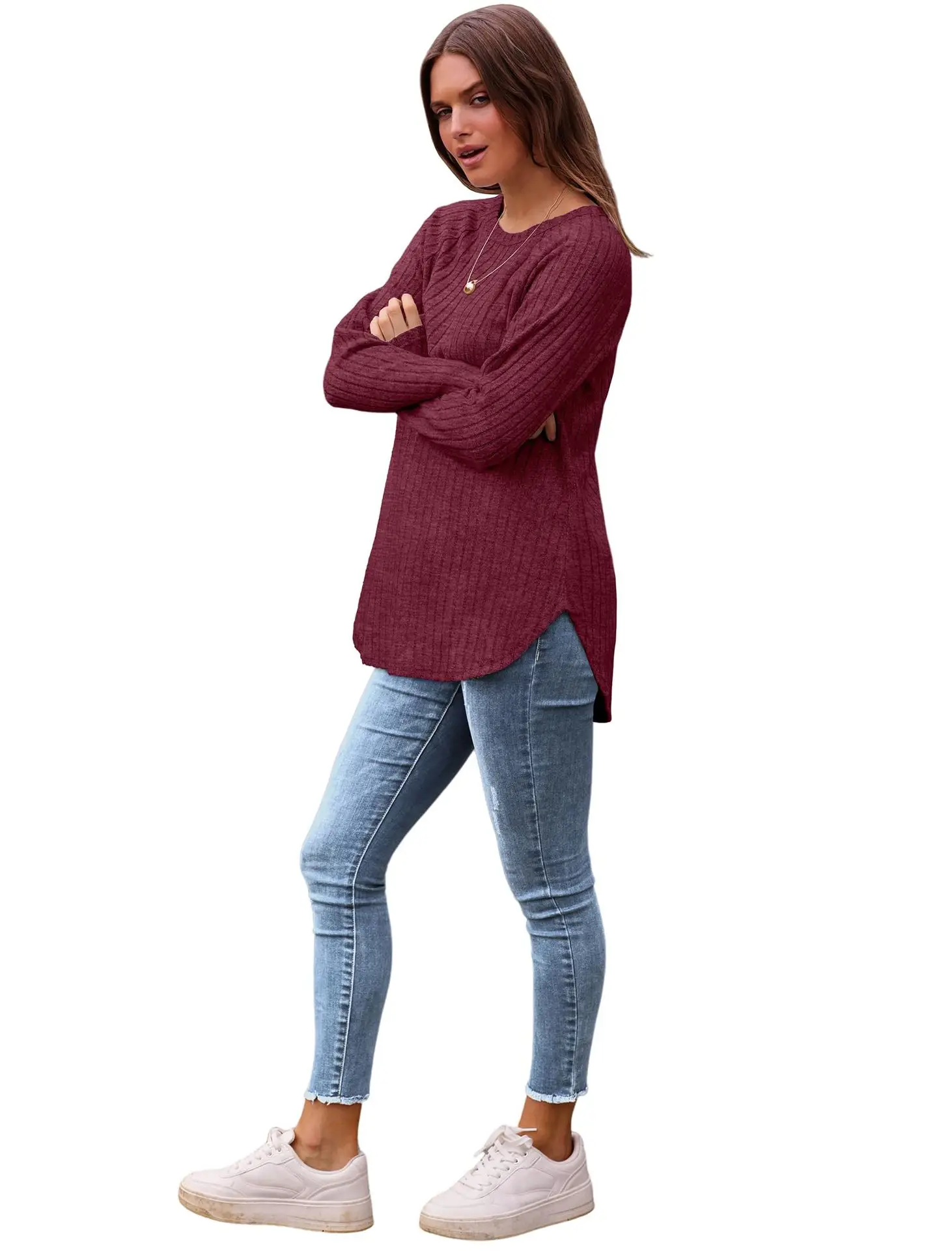 Women's Long Sleeve Ribbed Green Pullover Top — feature 22