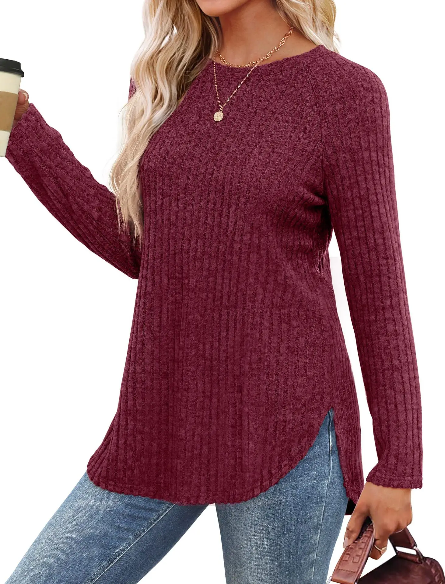Women's Long Sleeve Ribbed Green Pullover Top — feature 23