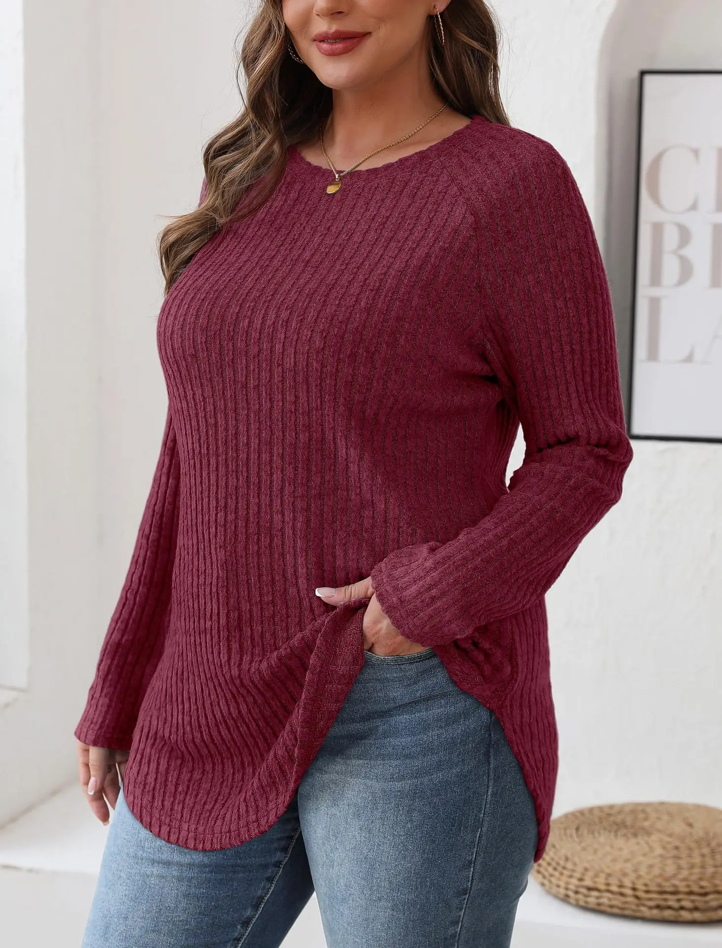Women's Long Sleeve Ribbed Green Pullover Top — feature 24