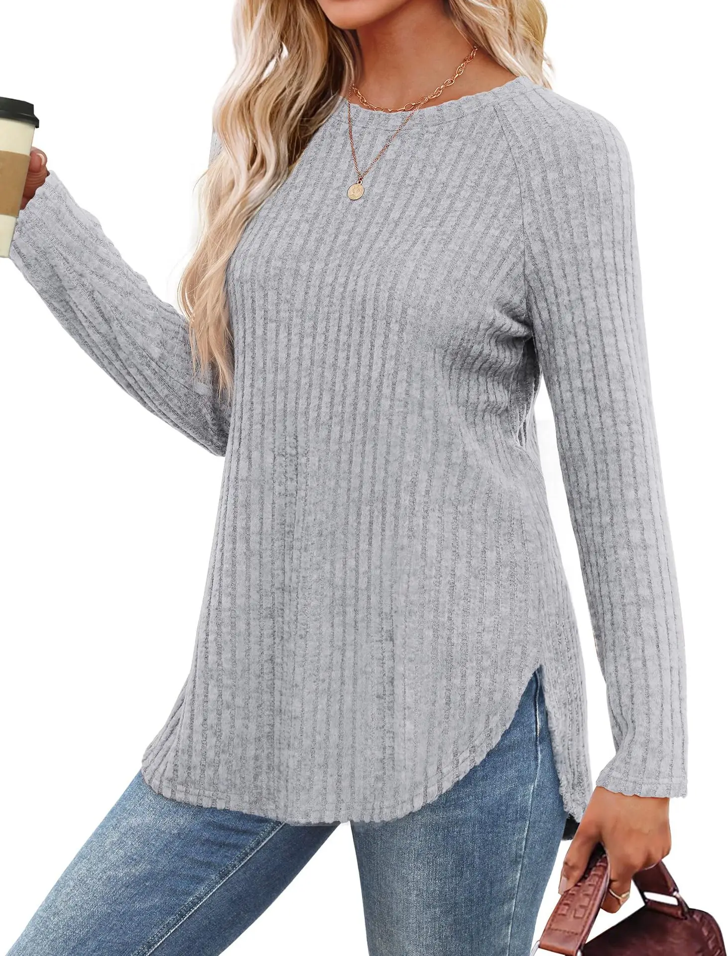 Women's Long Sleeve Ribbed Green Pullover Top — feature 27