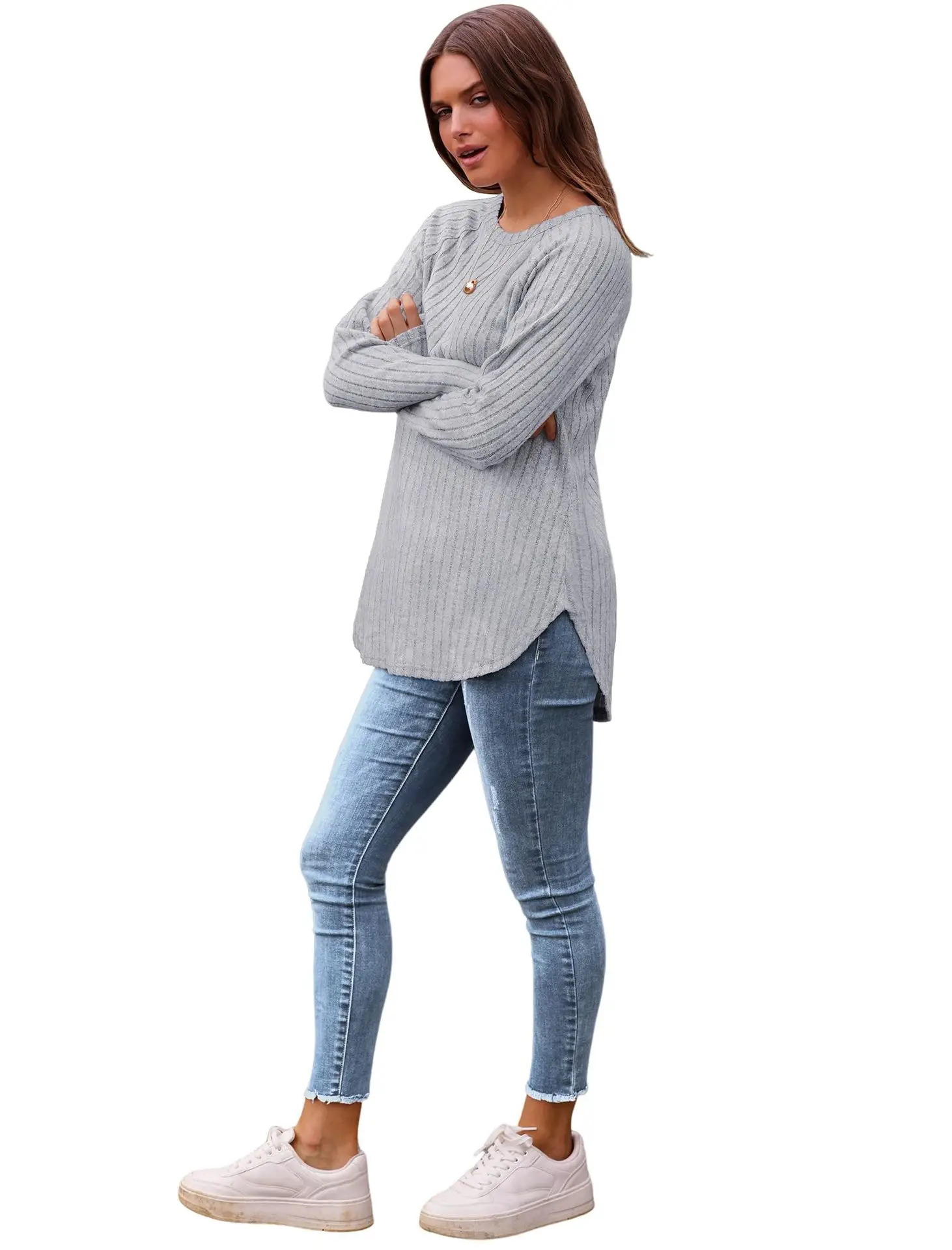 Women's Long Sleeve Ribbed Green Pullover Top — feature 28
